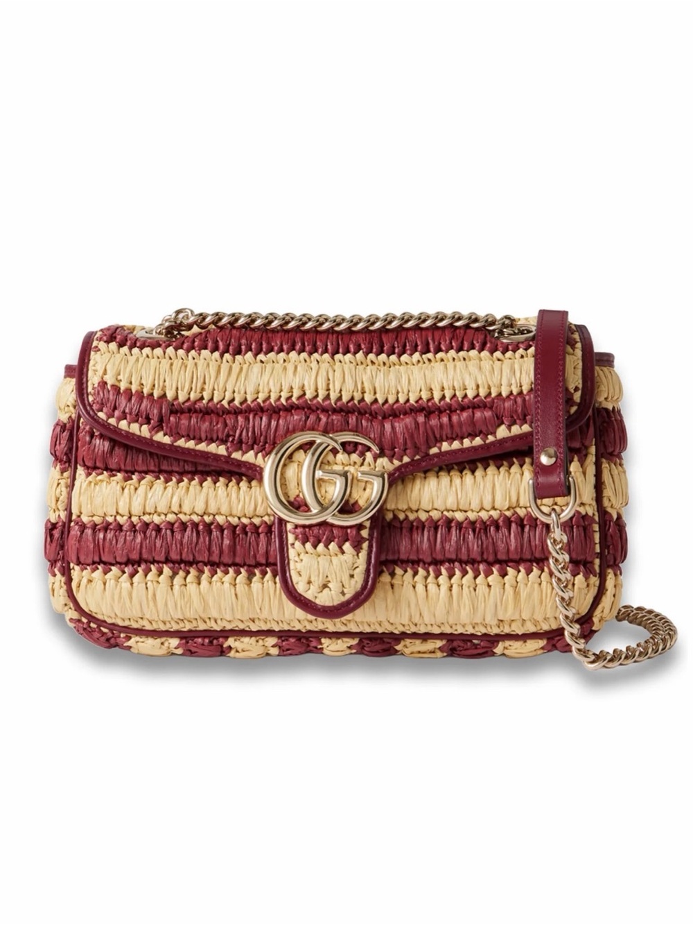 Gucci Straw Shoulder Bag in Burgundy and Cream Stripe with Gold GG
